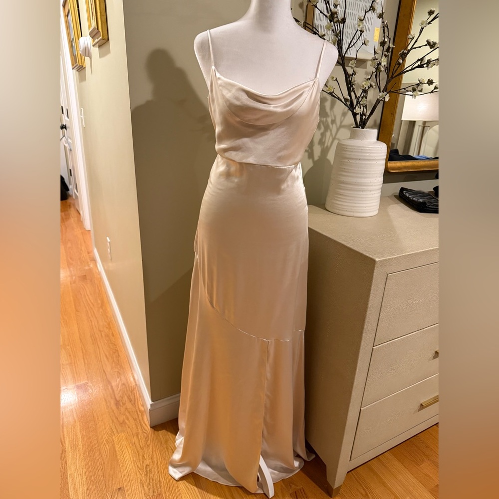 Lulus XS Moment in the Spotlight Champagne Satin Cowl Neck Dress - Picture 5 of 11